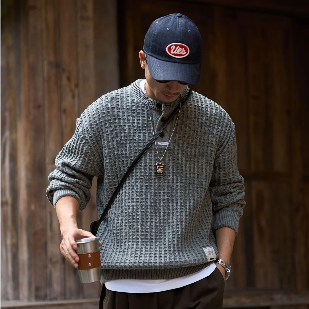 赤单冬季美式复古重磅针织毛衣男士宽松针织衫华夫格针织衫