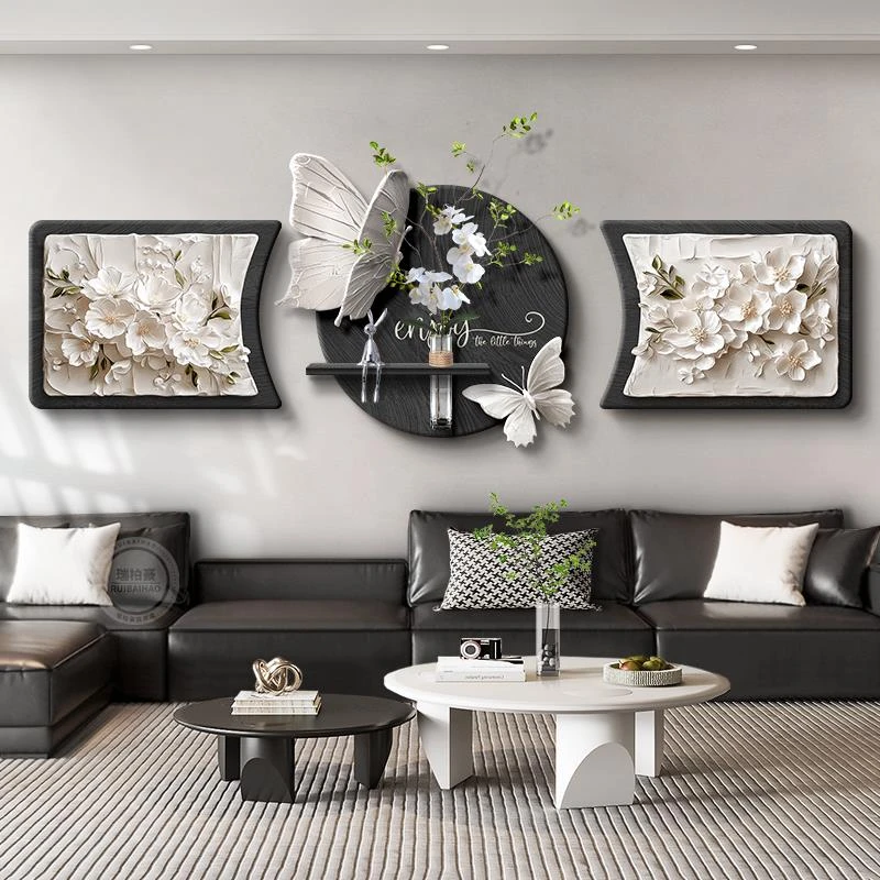 黑白客厅装饰画水培绿植适合大白墙沙发背景墙挂画高级感立体壁画