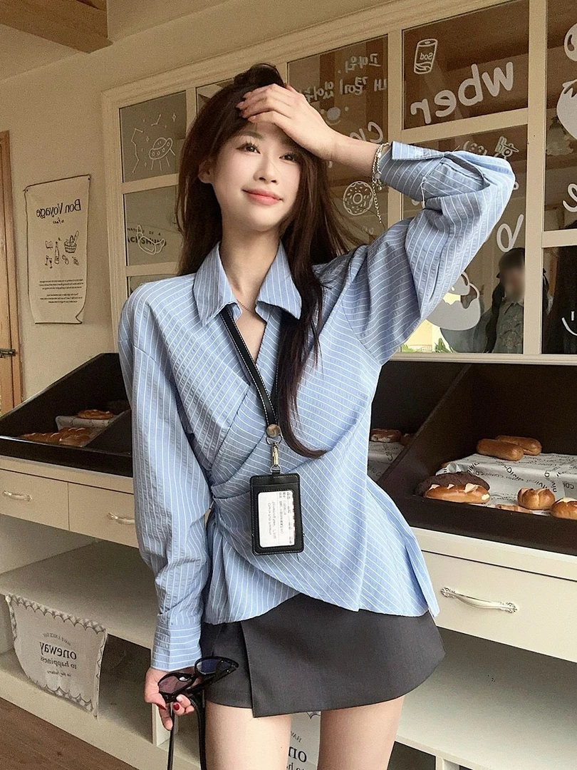 两件套装女休闲系带收腰交叉翻领衬衫女早春条纹衬衣独特别致套装