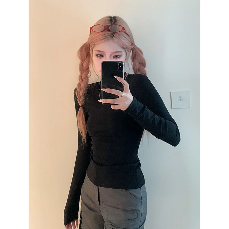 Moses Queen/魔西女王显身材正肩T恤基础款打底辣妹收腰长袖上衣