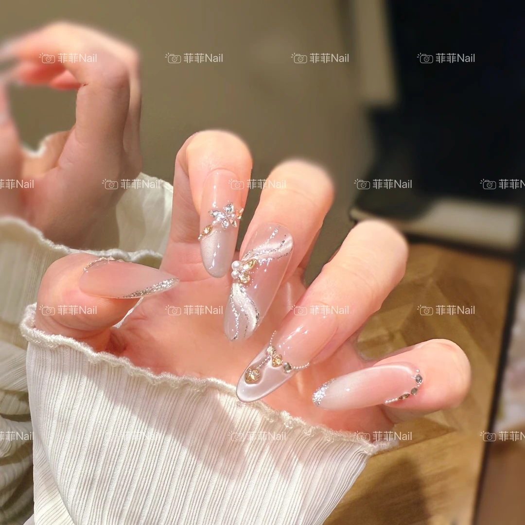 【纯欲飘带】轻奢纯手工穿戴甲纯欲猫眼满钻光疗美甲四季流行10片