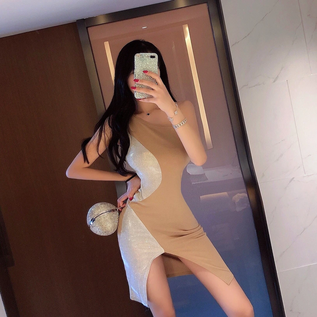 3003#斜肩性感开叉收腰短裙