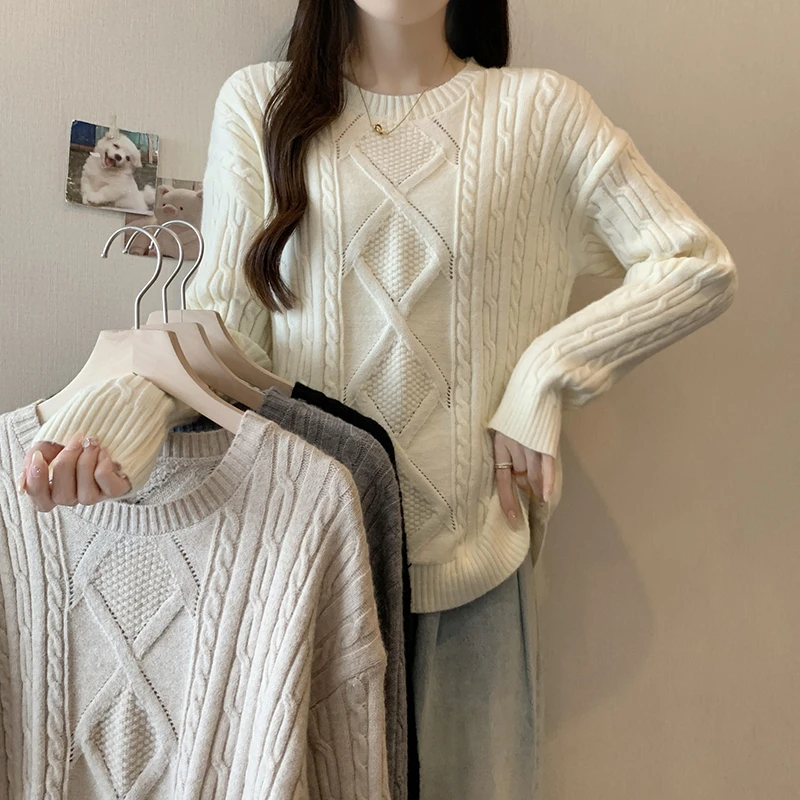 大码女装2025秋装新款显瘦圆领针织衫上衣胖mm加厚毛衣打底衫3466