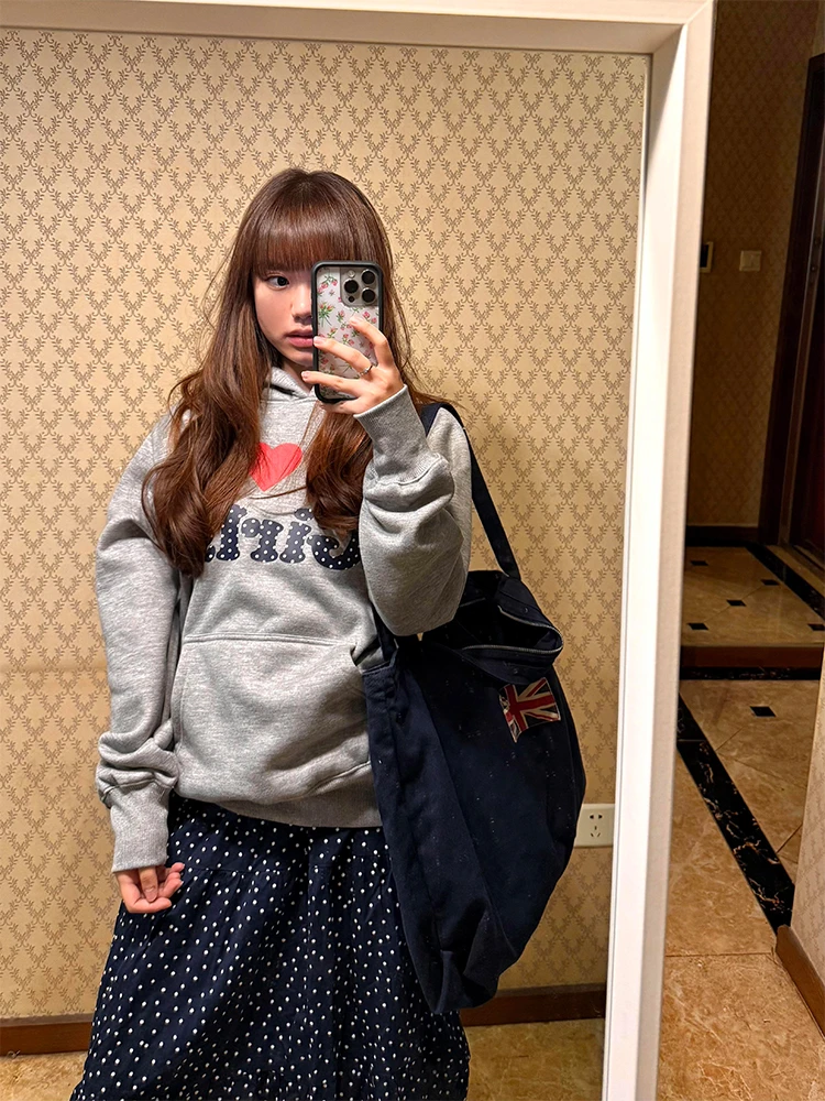美式灰色爱心波点字母连帽卫衣女秋冬款潮牌复古情侣宽松休闲外套