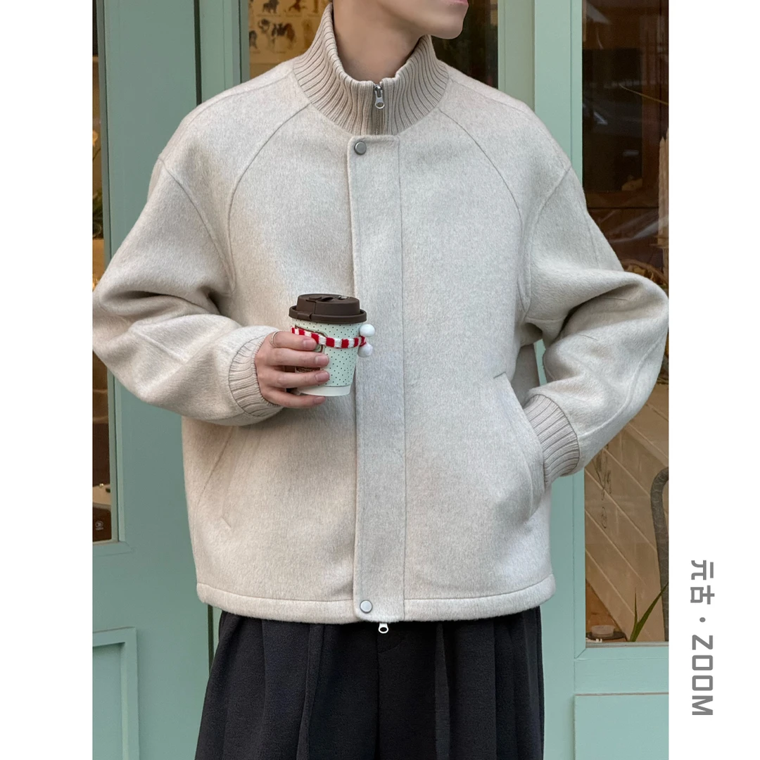 元古 针织拼接针织立领羊毛呢外套冬季短款双面呢上衣大衣潮75636