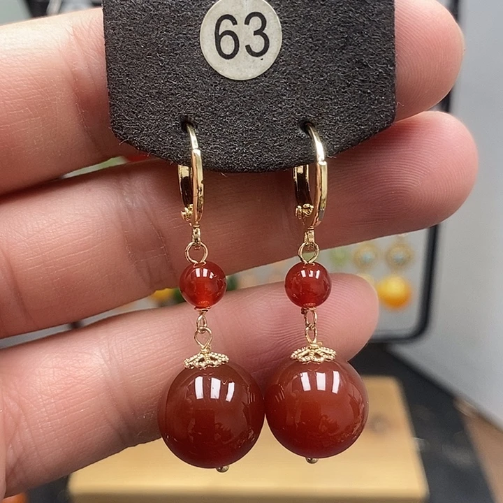 南红玛瑙银S925镀金镶嵌耳饰尺寸14mm