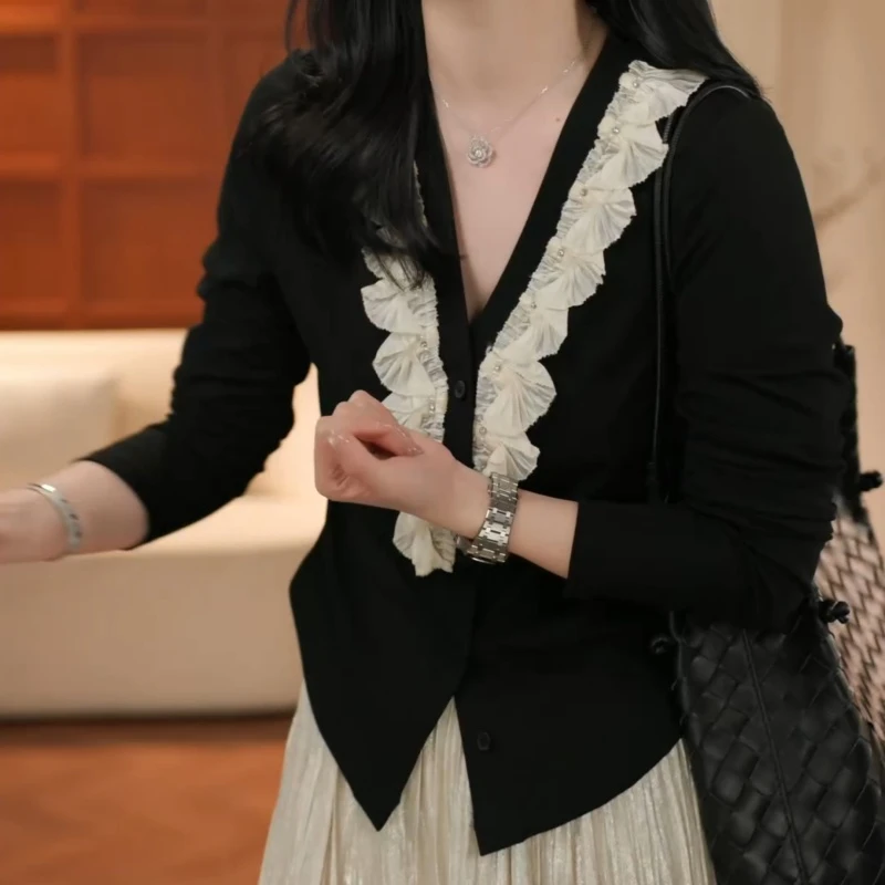 2025【午夜】早春新款潮流轻奢不规则蕾丝花边显瘦衬衫LK2502115