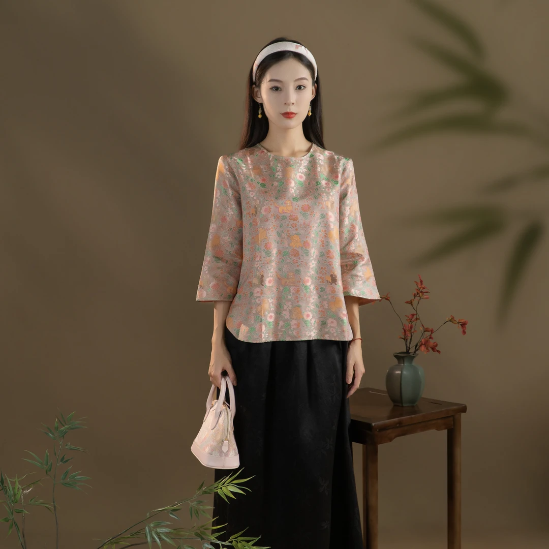 芬领-春日暖阳纹锦-非遗100桑蚕丝全罗蜀锦七分袖圆领上衣SY2489