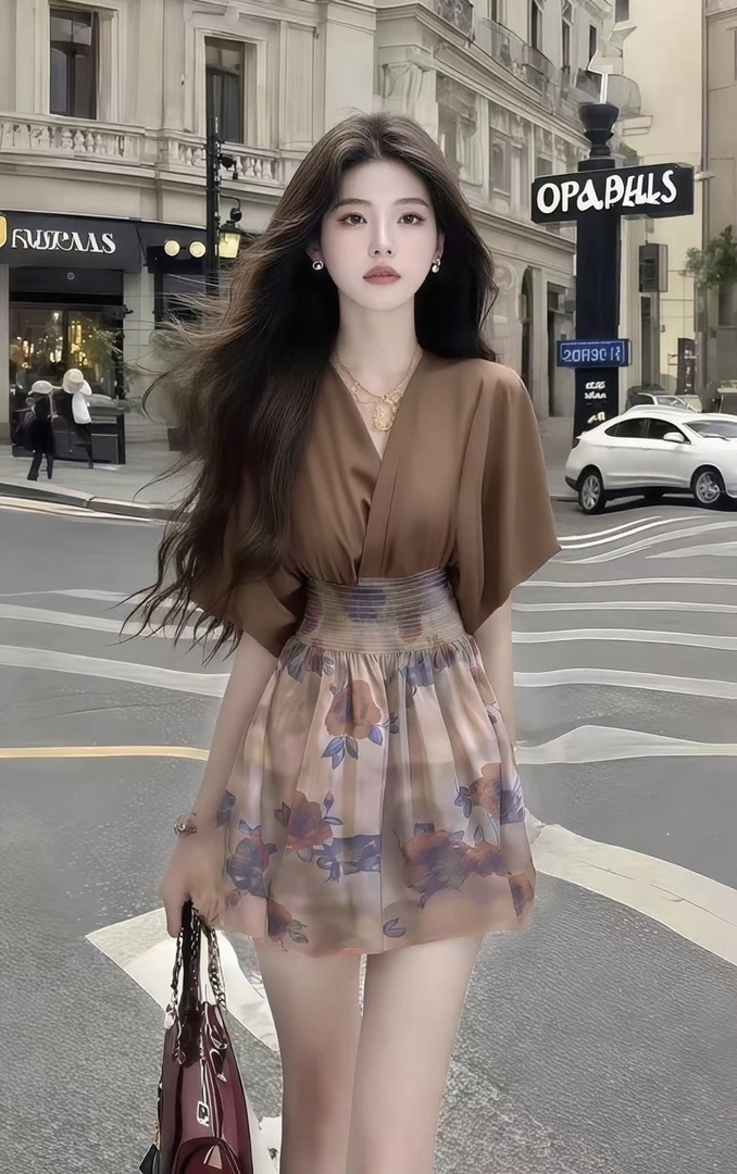 温柔纯欲千金风松弛感V领短袖收腰棕色连衣裙女时尚气质高级女装