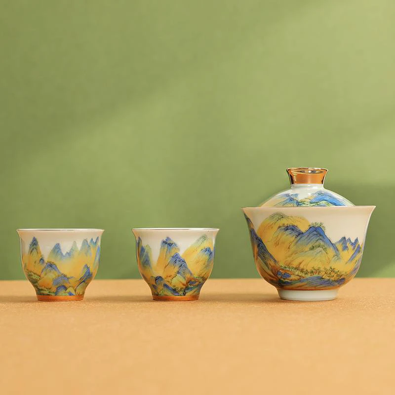 千里江山陶瓷功夫茶具三才盖碗茶壶礼盒装户外茶具批发定制茶具