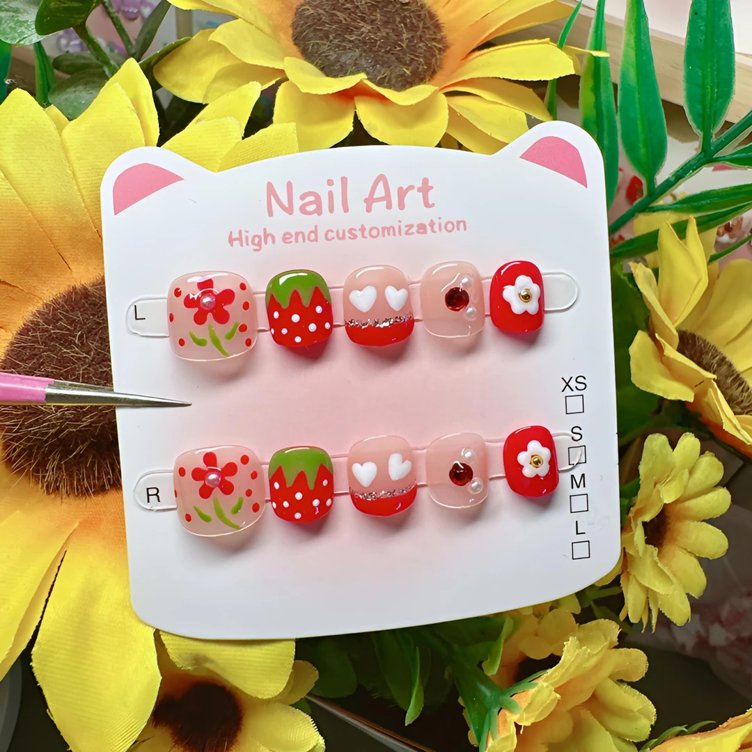 女童小清新爱心甜妹珍珠法式短款穿戴甲美甲贴片