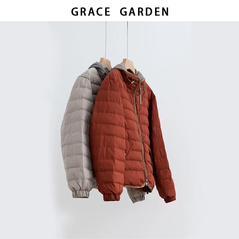 GRACE GARDEN【鼎奢Bc！】针织连帽时尚钉珠羽绒服YRF5I1302