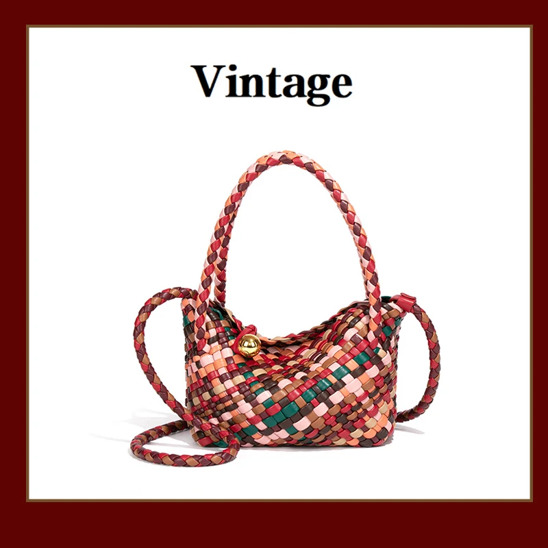 【中古】手工编织手提包复古高级质感斜挎彩虹包B2535