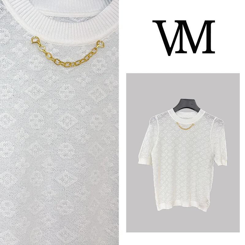 老花短袖冰丝针织衫女夏季新款高级设计感气质百搭圆领上衣dx7831