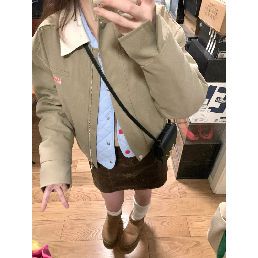 美式复古飞行员撞色夹克外套女2025春秋短款高级感气质翻领上衣