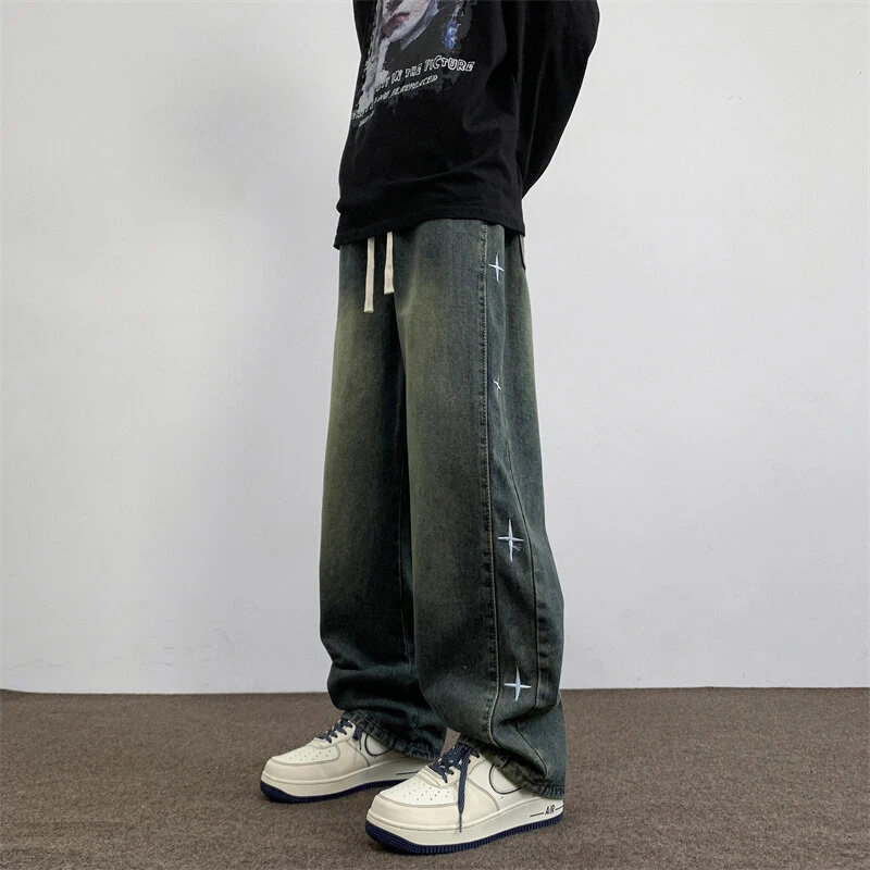 青少年2025春季新款港风日系复古抽绳刺绣阔腿牛仔裤男长裤休闲潮