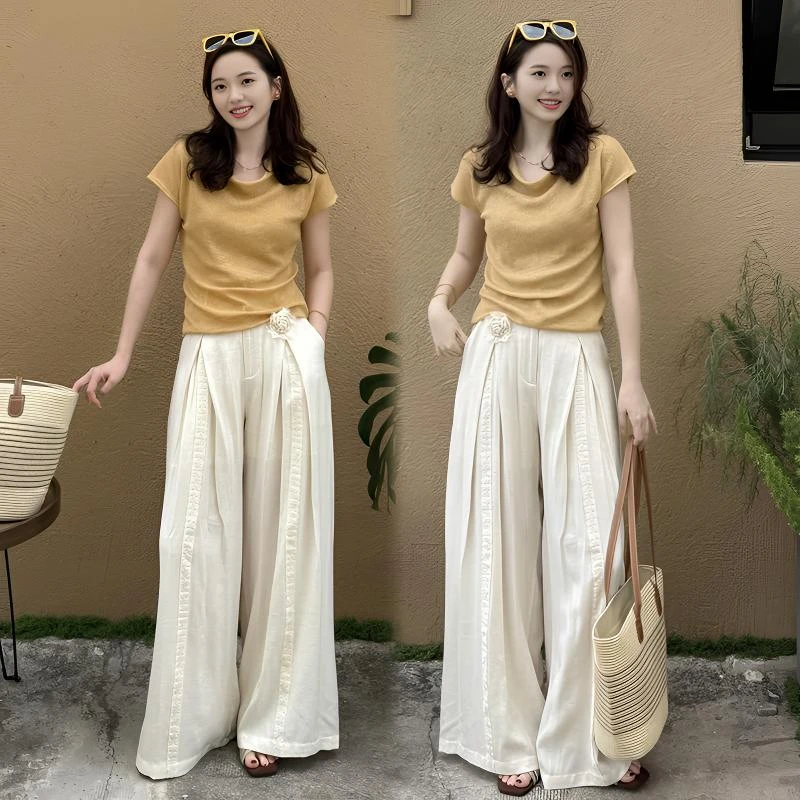 2025夏季新款法式修身短袖上衣搭高腰阔腿裤套装气质显瘦高级感