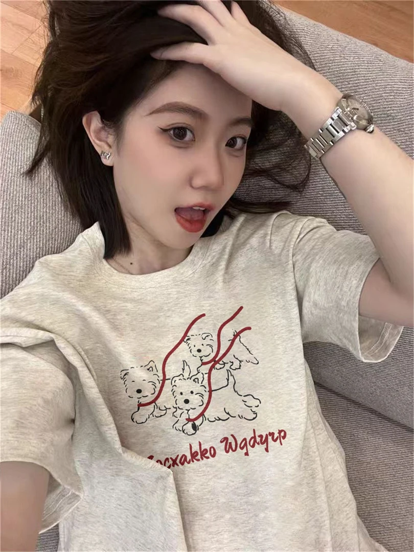 100%纯棉短袖t恤女2025夏季新款爆款设计感小众美式宽松半袖上衣