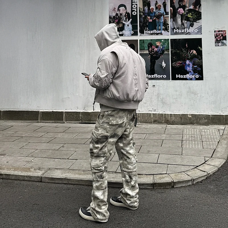 【叶胆大】小众潮牌休闲宽松vibe风迷彩双口袋微喇工装裤休闲长裤男