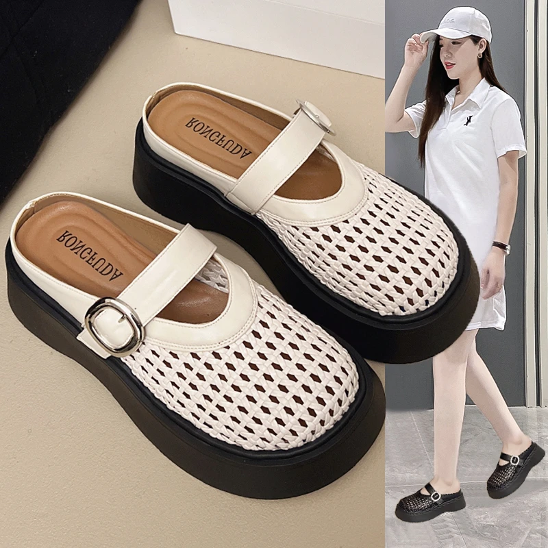 松糕厚底乐福鞋女2025新款夏季爆款复古编织包头半拖鞋小个子凉拖