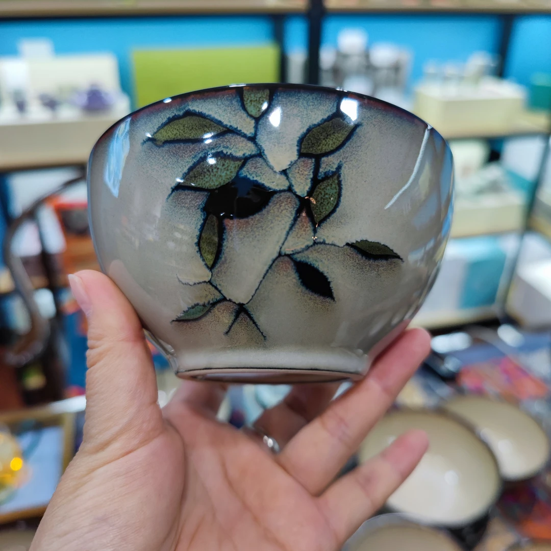小可陶瓷竹叶4.8英寸米饭碗高温瓷釉下彩手绘