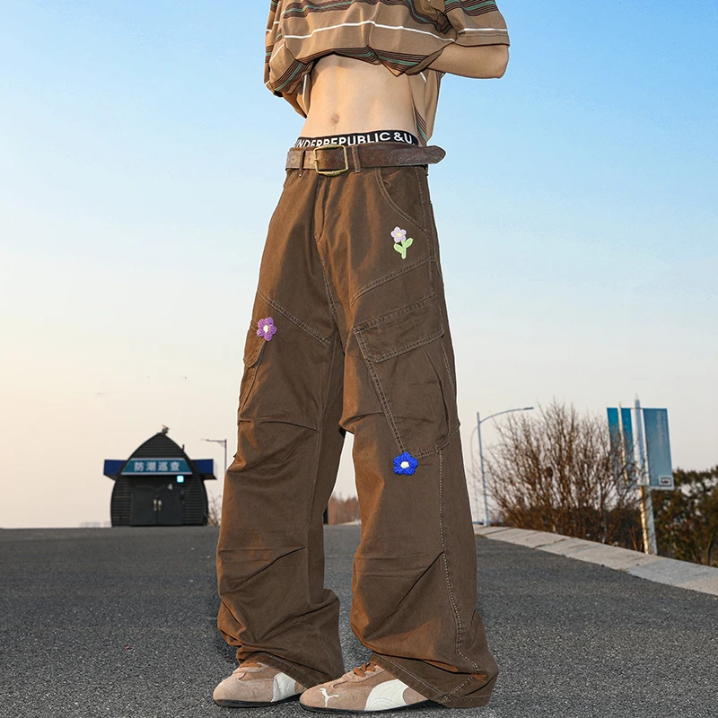 花卉刺绣工装裤男2025春季新款美式复古潮牌痞帅宽松直筒休闲裤子