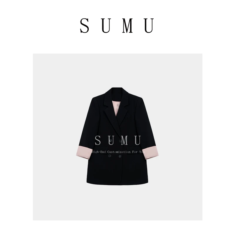 宿慕女款西装中长款外套春季新款轻奢百搭拼色袖西服88657