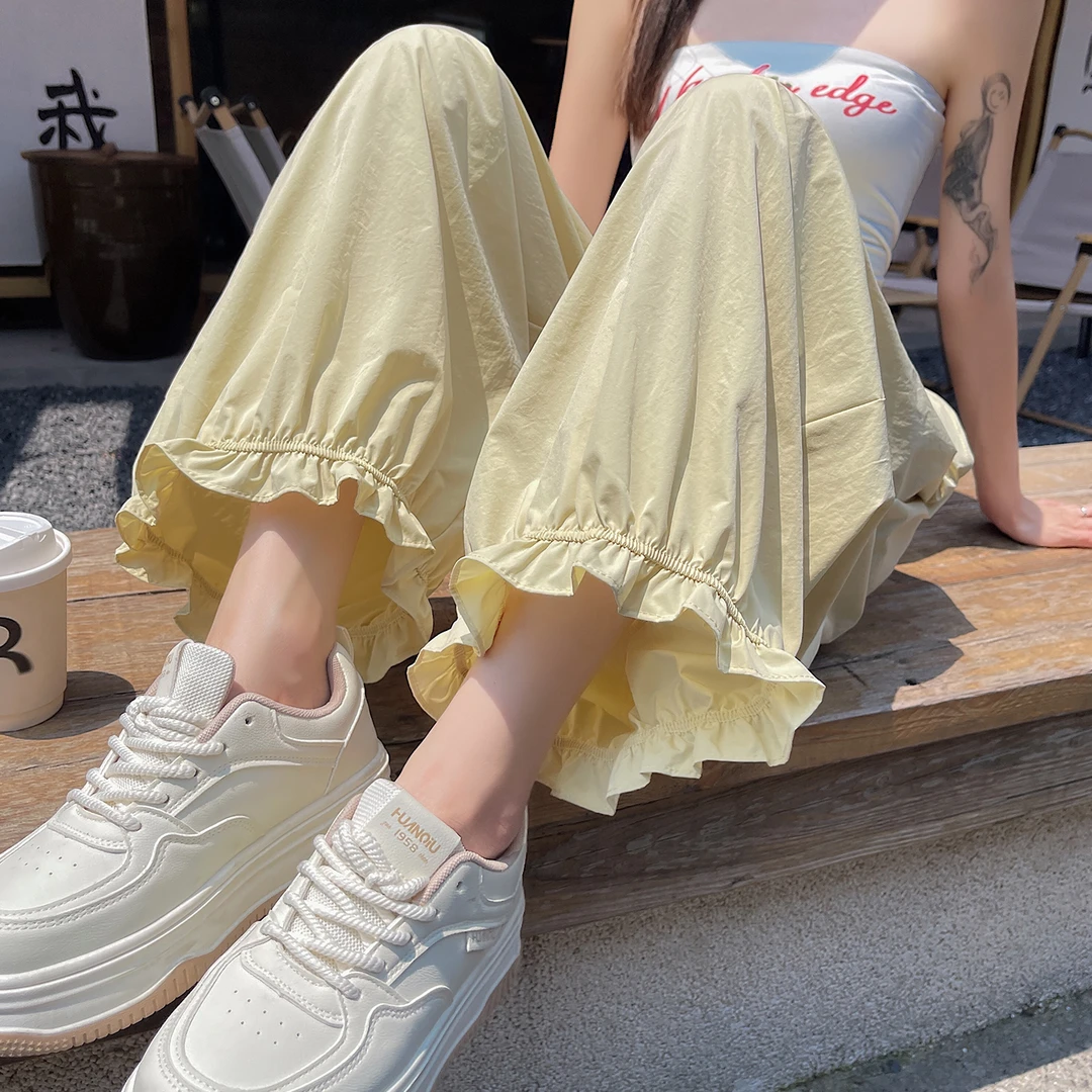 夏季薄款气质高腰灯笼裤女小个子显高休闲抽绳阔腿裤木耳边九分裤