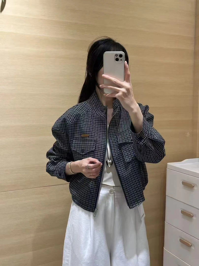 【7710】女#时尚百搭格子立领工装外套