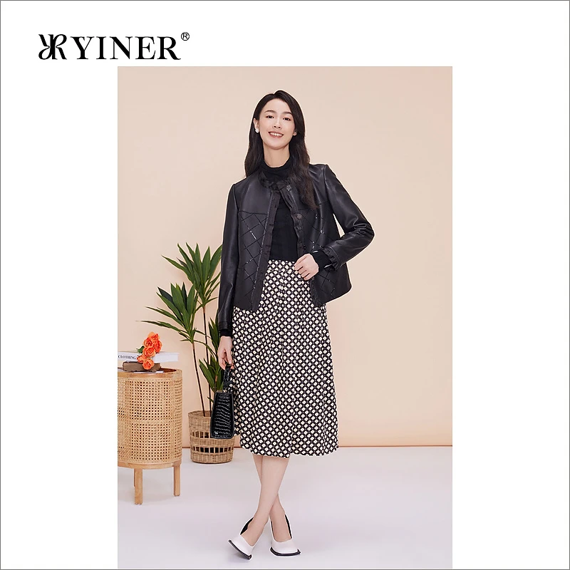 YINER音儿专选女装春季菱格纹拼接木耳花边真皮皮衣