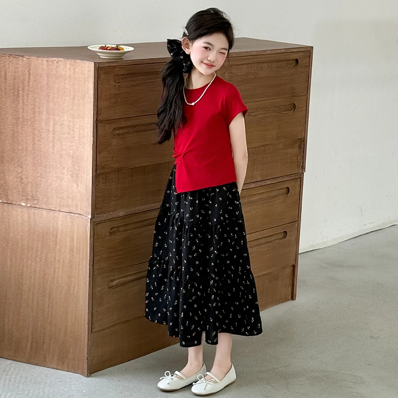 [专柜品质]女童套装裙不规则短袖半身裙2025新款复古气质两件套