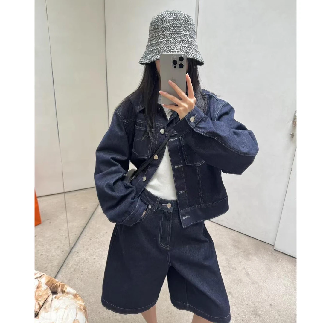 美式复古牛仔外套女秋季新款休闲通勤深蓝色牛仔外套短裤两件套装