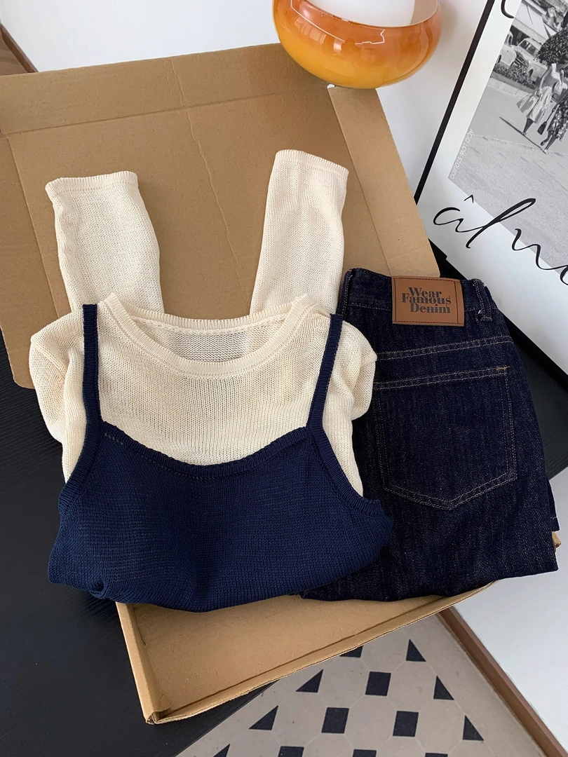 韩系慵懒假两件叠穿毛衣女早秋chic设计感绑带宽松收腰针织衫上衣