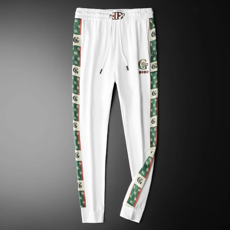 夏季男士轻奢刺绣白色休闲长裤子男时尚丝光棉薄款百搭束脚运动裤