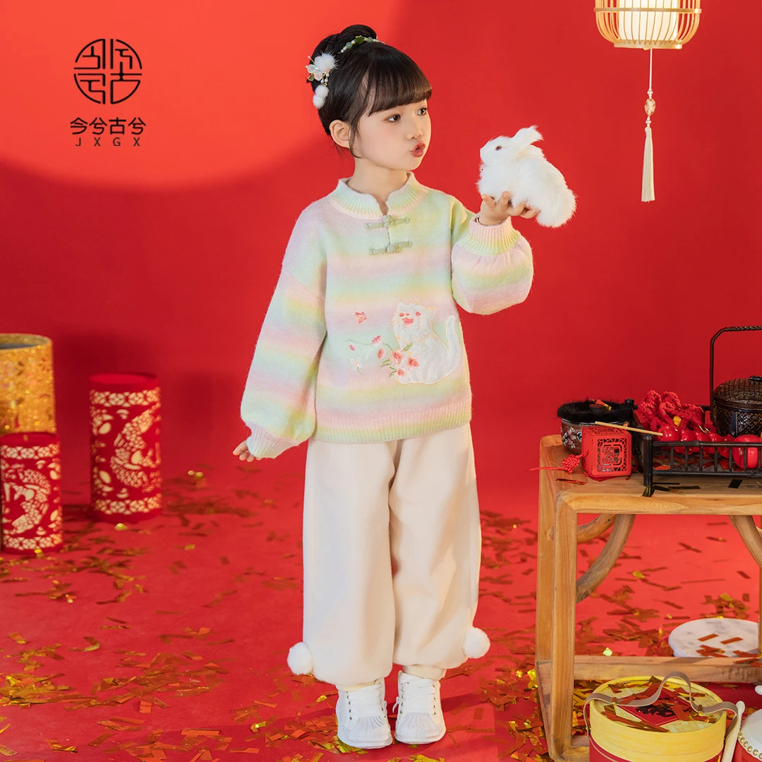 【霓虹】今兮古兮毛衣女童冬季中国风套装冬装拜年服新中式童装