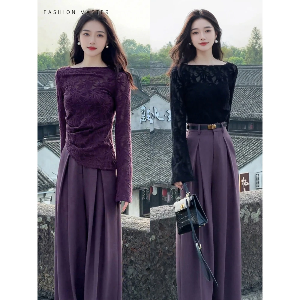 2025春夏季新款不规则竹叶提花一整套欲风穿搭紫色上衣阔腿裤套装