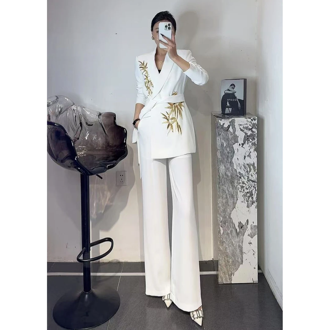 2025初秋新款中式国风套装重工竹叶钉珠系带西服阔腿裤时尚两件套