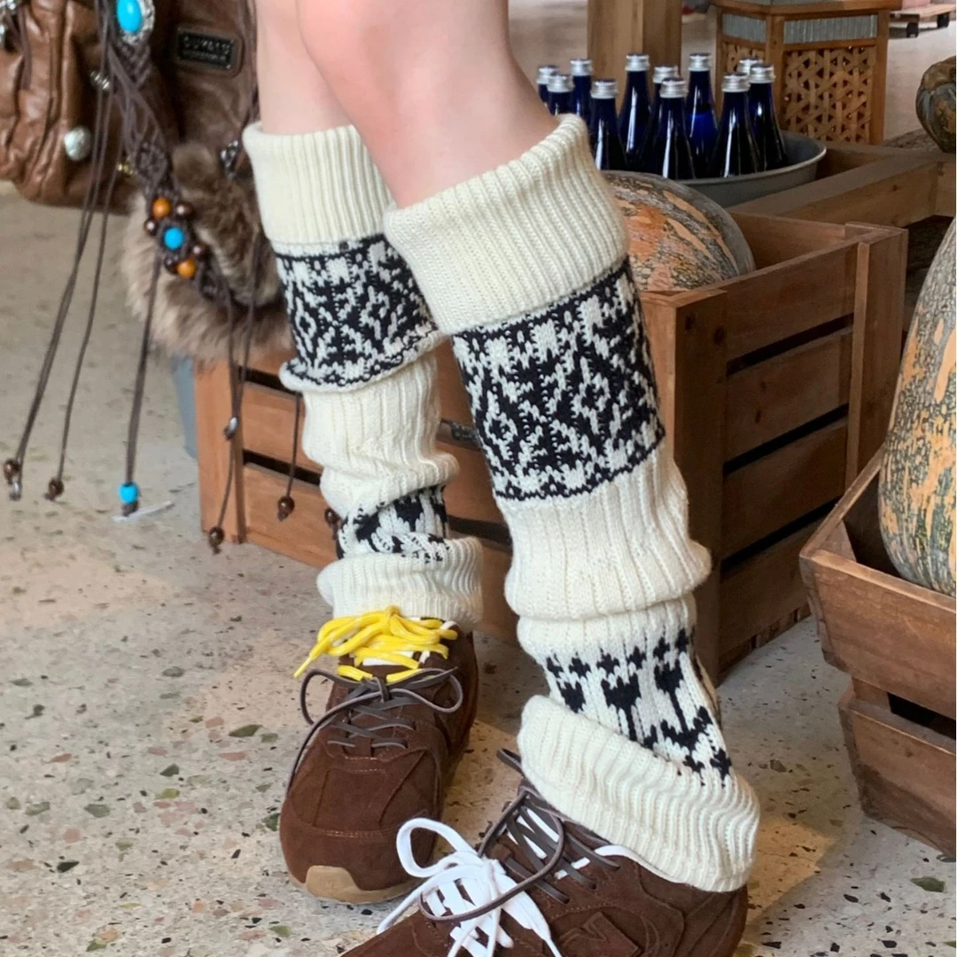 费尔岛保暖雪地靴腿套女日系韩版复古百搭羊毛堆堆袜套白色袜子