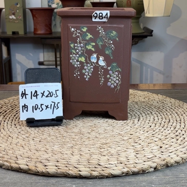 紫砂花盆 紫泥奎面手绘签筒984