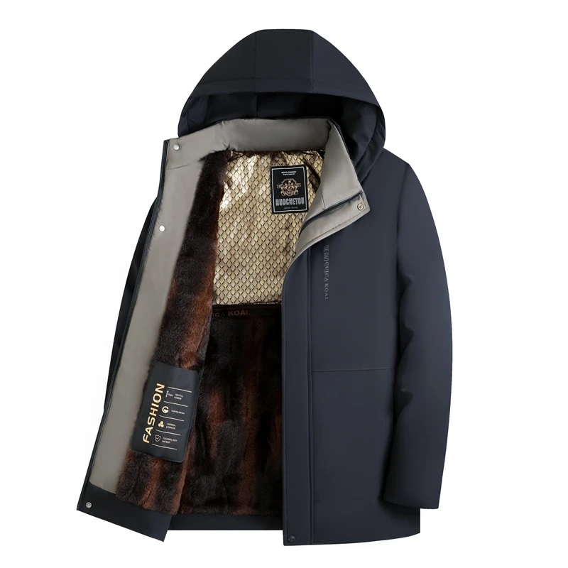 爸爸加绒加厚中长款装连帽保暖棉服冬装新款中年男士防风棉袄外套