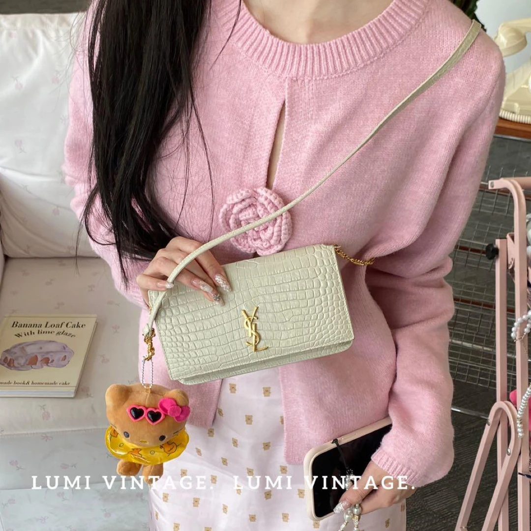 95新 YSL/圣罗兰 sunset米色鳄鱼压纹信封woc单肩包58333257