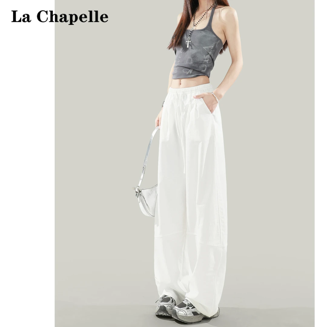 拉夏贝尔美式白色速干运动裤女2025夏季高腰宽松垂感阔腿休闲裤子