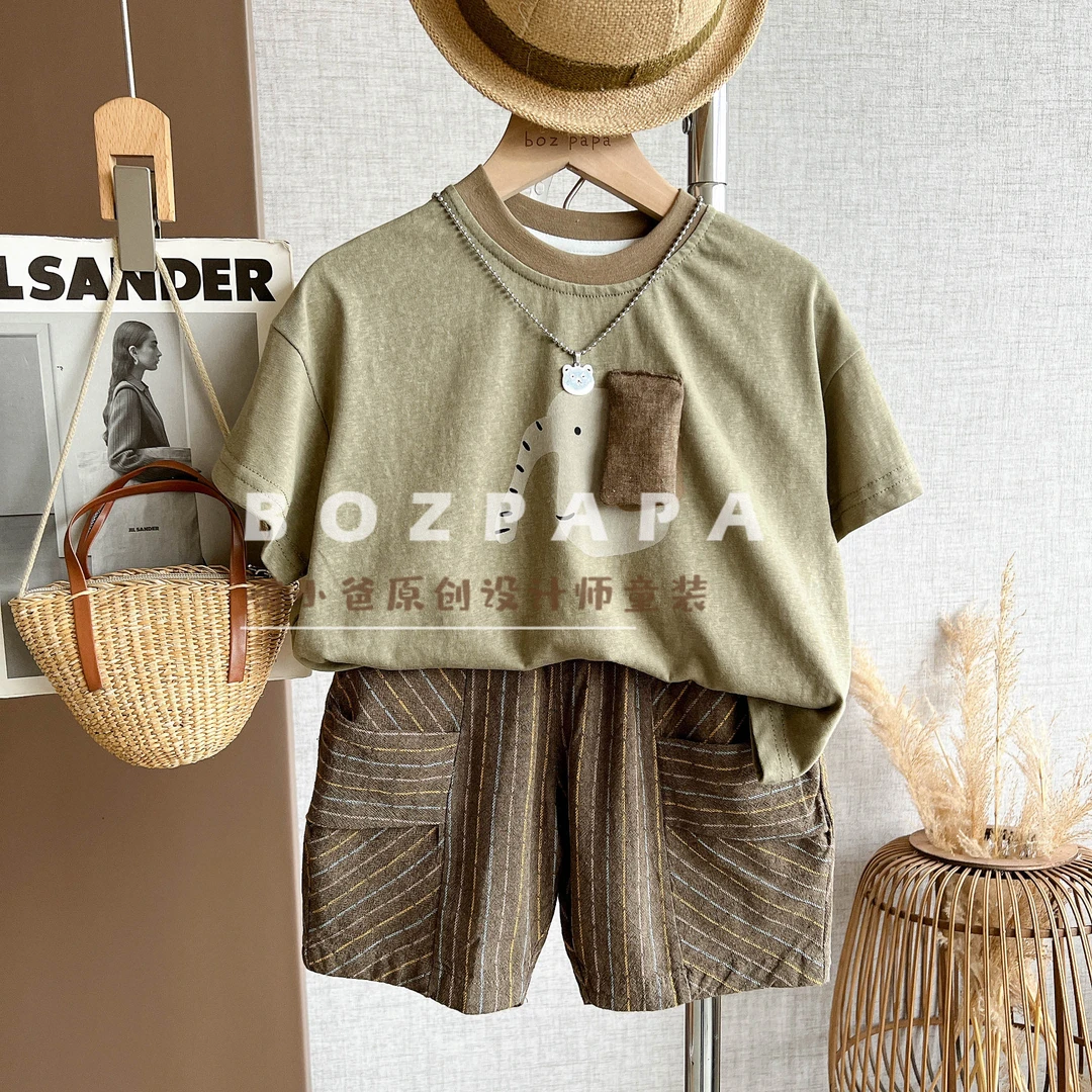现货啵小爸【抹茶小象】2025夏季男童韩系小象设计短袖T恤两件套