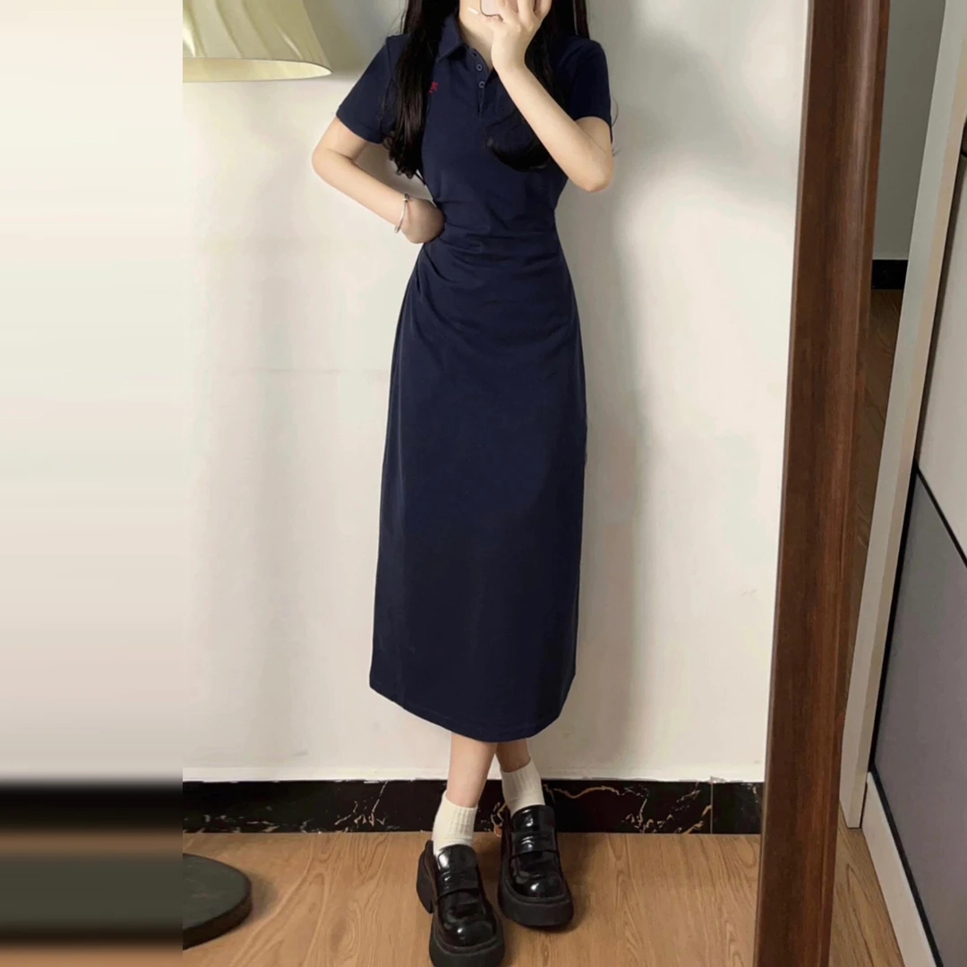 法式藏蓝色polo领收腰连衣裙子女夏季2025新款巨好看掐腰包臀长裙