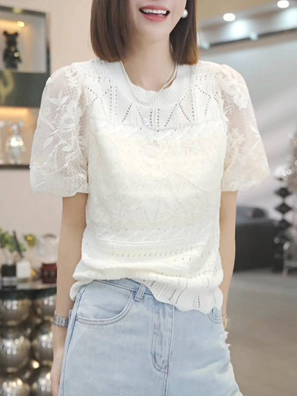 大码女装镂空薄款针织短袖t恤女2025夏季新款胖MM高级感时尚上衣