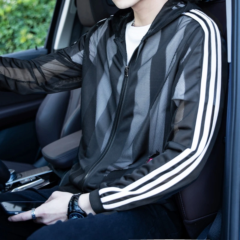 男士夏季时尚镂空运动连帽防晒衣潮网眼情侣款户外大码透气防晒服