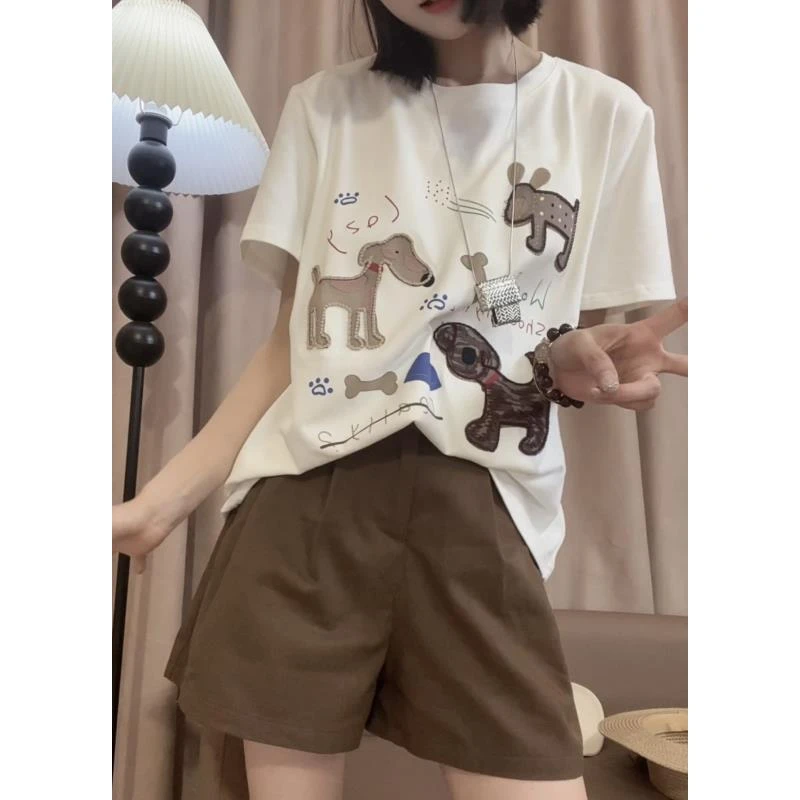 时尚休闲简约夏季卡通圆领印花小狗图案短袖T恤