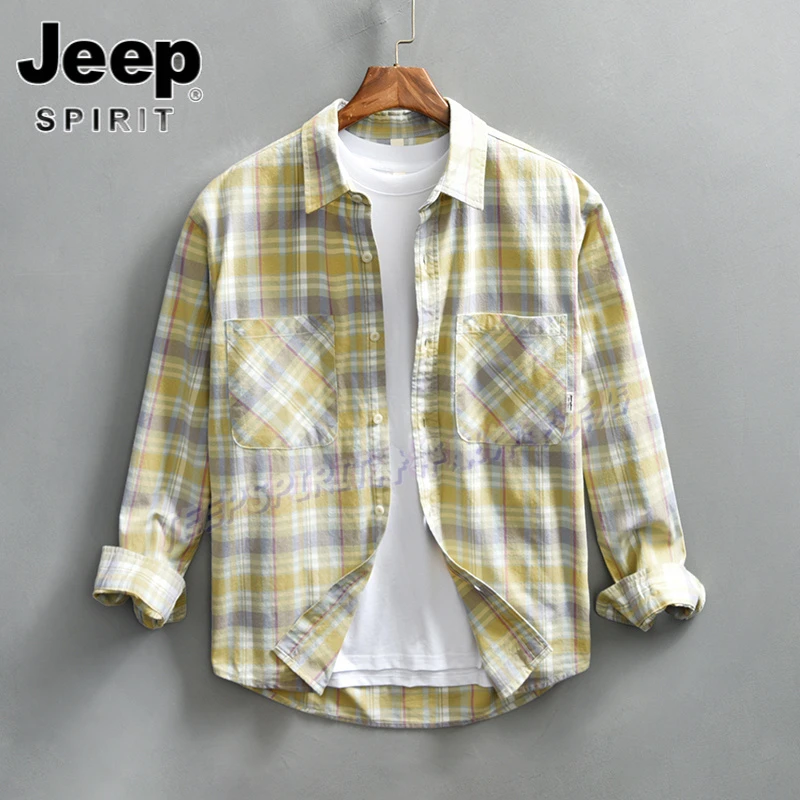 Jeep吉普潮牌格子纯棉长袖衬衫男春秋季翻领寸衣宽松休闲衬衣外套
