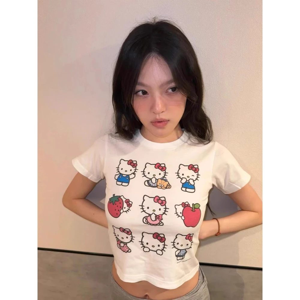 HelloKitty甜酷美式正肩短袖t恤女夏季白色修身短款凯蒂猫上衣潮