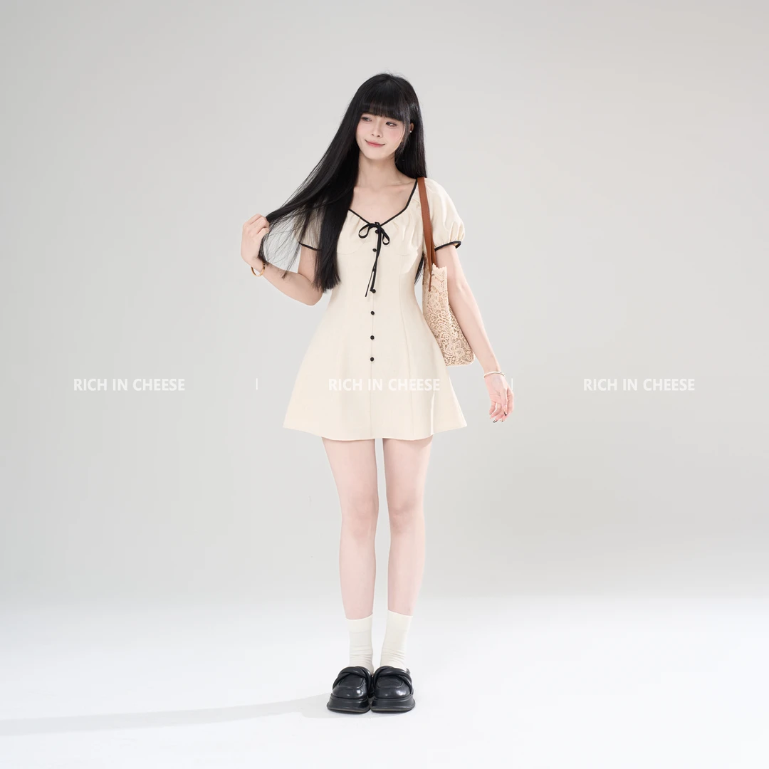 RICHINCHEESE 匿名月光 小香风撞色蝴蝶结设计气质收腰显瘦连衣裙